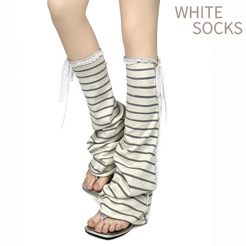 WHITE SOCKS春夏透气针织堆堆腿套Y2K千禧风蕾丝花边绑带阔袜套女