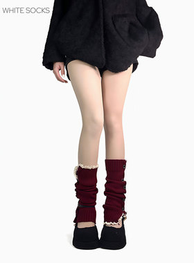 white socks秋冬红色腿套针织花边堆堆袜套jk设计感纽扣小腿袜套