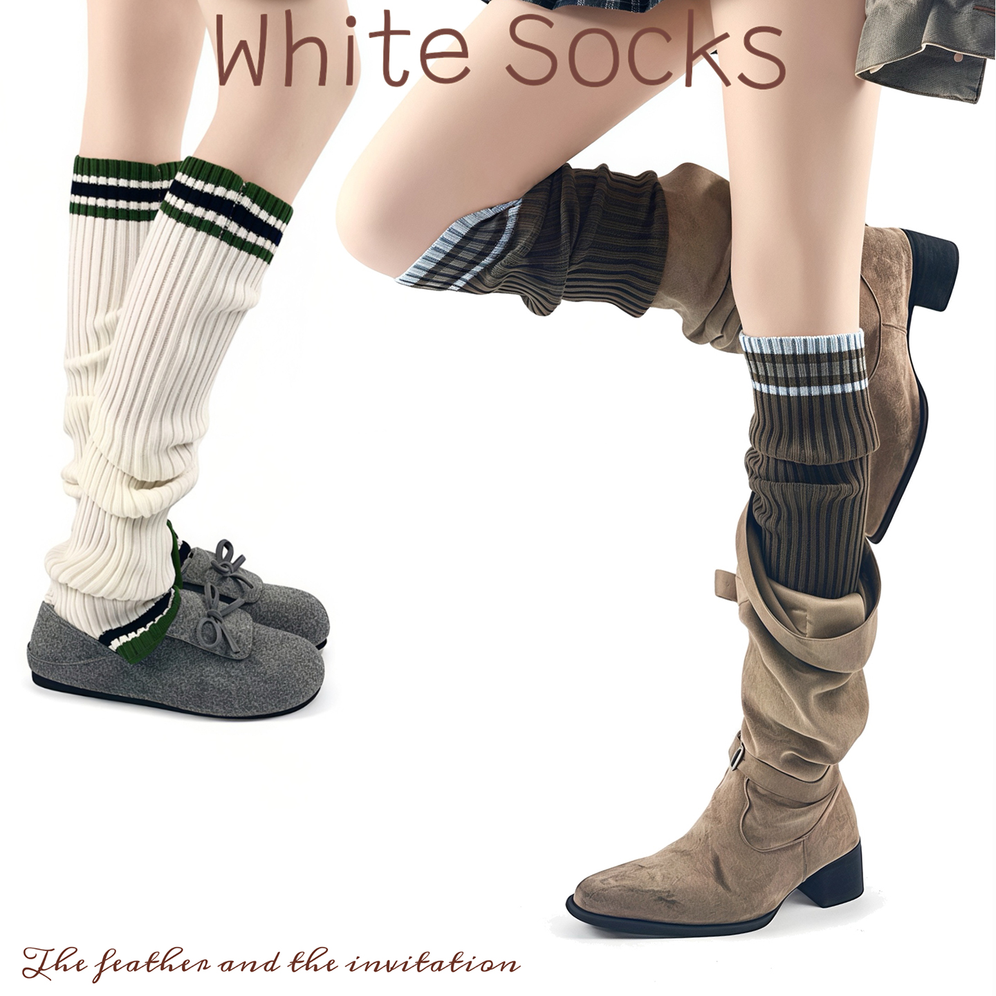 WHITE SOCKS冬款学院风撞色粗针堆堆袜女长筒袜针织腿套搭配靴子