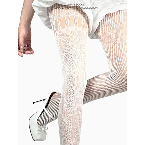 WHITE SOCKS 镂空网袜千禧小众ab破洞蕾丝拼接不规则亚文化丝袜女