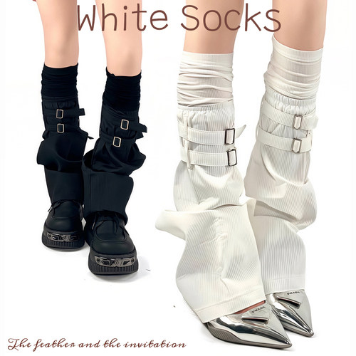 WHITE SOCKS日系朋克风金属扣袜套女秋冬小腿袜假两件拼接堆堆袜