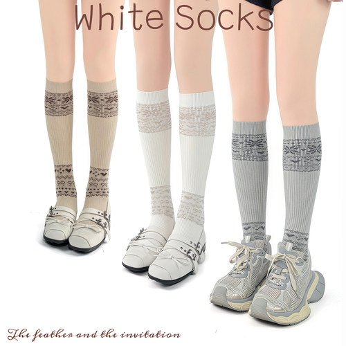WHITE SOCKS北欧费尔岛菱形纹堆堆袜春季针织微压显瘦中筒小腿袜