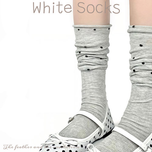 WHITE SOCKS春夏灰色波点堆堆袜日系细罗纹中筒袜玛丽珍鞋小腿袜