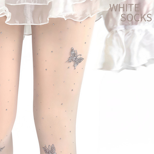 WHITE SOCKS芭蕾风烫钻蝴蝶结连裤袜女少女薄款防勾丝显瘦美腿袜