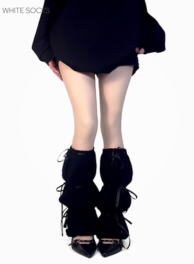 white socks黑色泡泡灯笼绑带小腿袜针织芭蕾风蝴蝶结堆堆袜套女