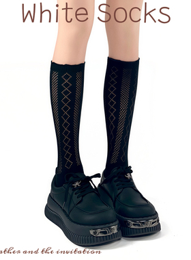 WHITE SOCKS黑色双针镂空小腿袜木耳边中筒袜搭配小皮鞋堆堆袜女