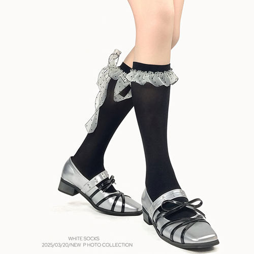 WHITE SOCKS 纯色芭蕾风小腿袜中筒袜绑带波点蝴蝶结透气堆堆袜女