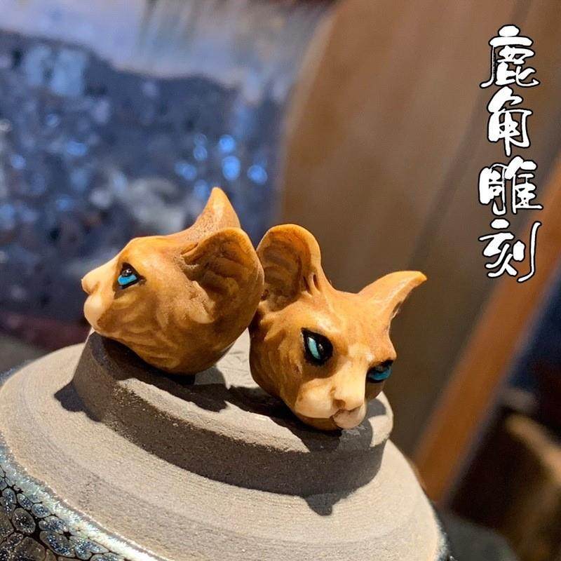 鹿角雕刻根付无毛猫文s玩D