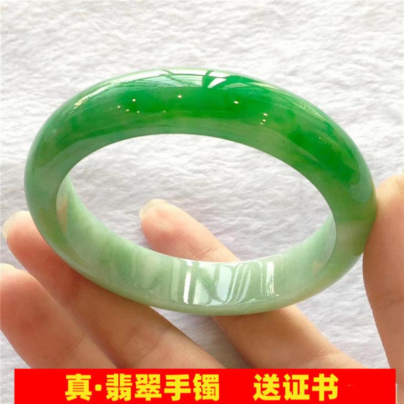 冰糯种翡翠手镯少女款飘绿帝王绿圆条贵妃玉石正圈阳绿玉镯子处理