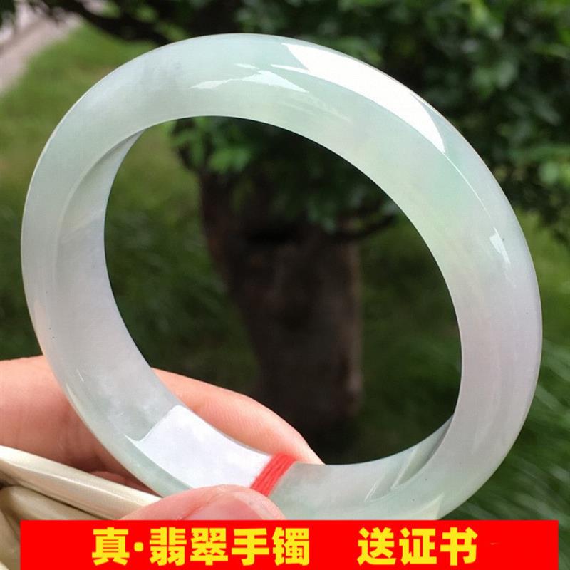 缅甸翡翠手镯冰种晴绿正圈玉镯镯子老坑春彩阳绿冰糯紫色玉石处理
