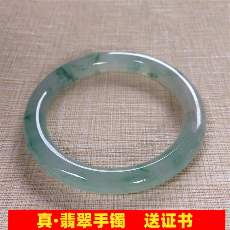 缅甸翡翠冰种飘蓝花翡翠细圆条玉镯贵妃镯玉手镯子女少款冰透处理