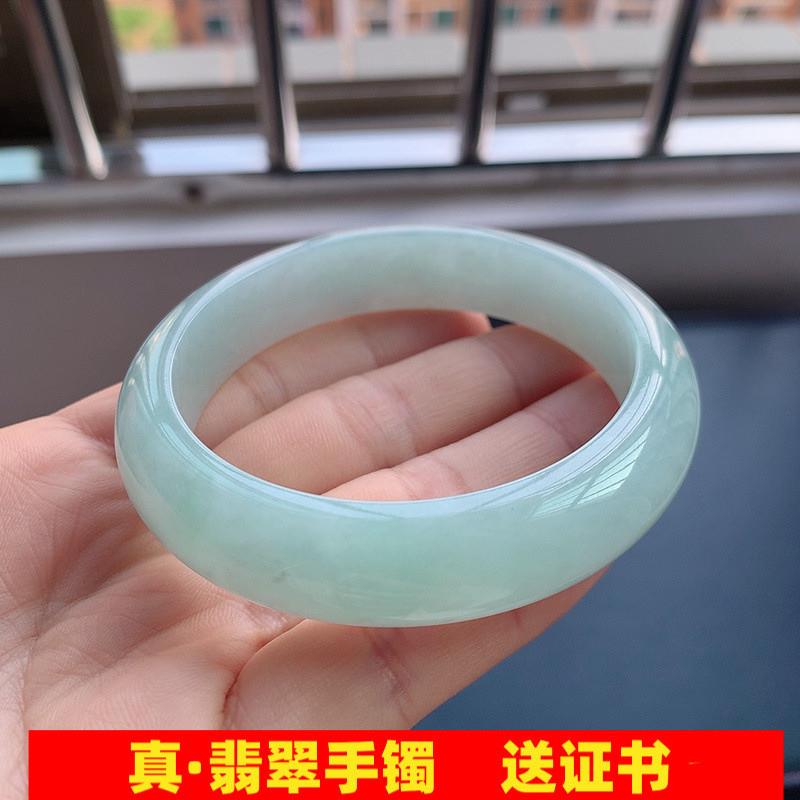 翡翠玉手镯缅甸冰糯种浅绿飘花玉石手镯女款贵妃玉镯子带处理
