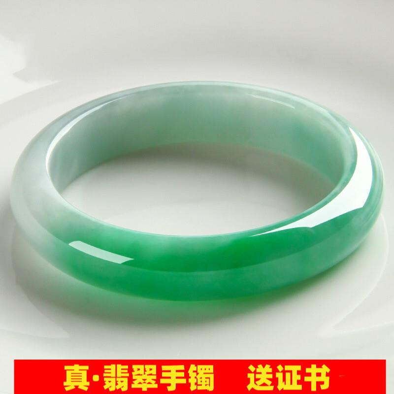 缅甸冰糯种飘绿翡翠手镯飘花阳绿浅绿正圈圆条玉手镯白底青宽处理