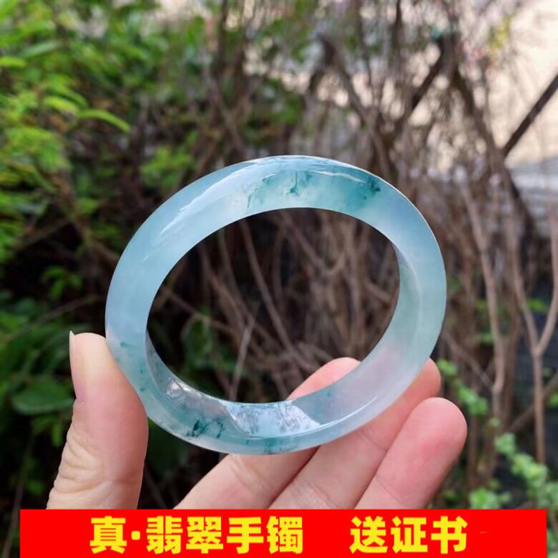 冰种翡翠手镯飘蓝花正圈女款缅甸老坑冰透玉石镯子阳绿玉镯处理