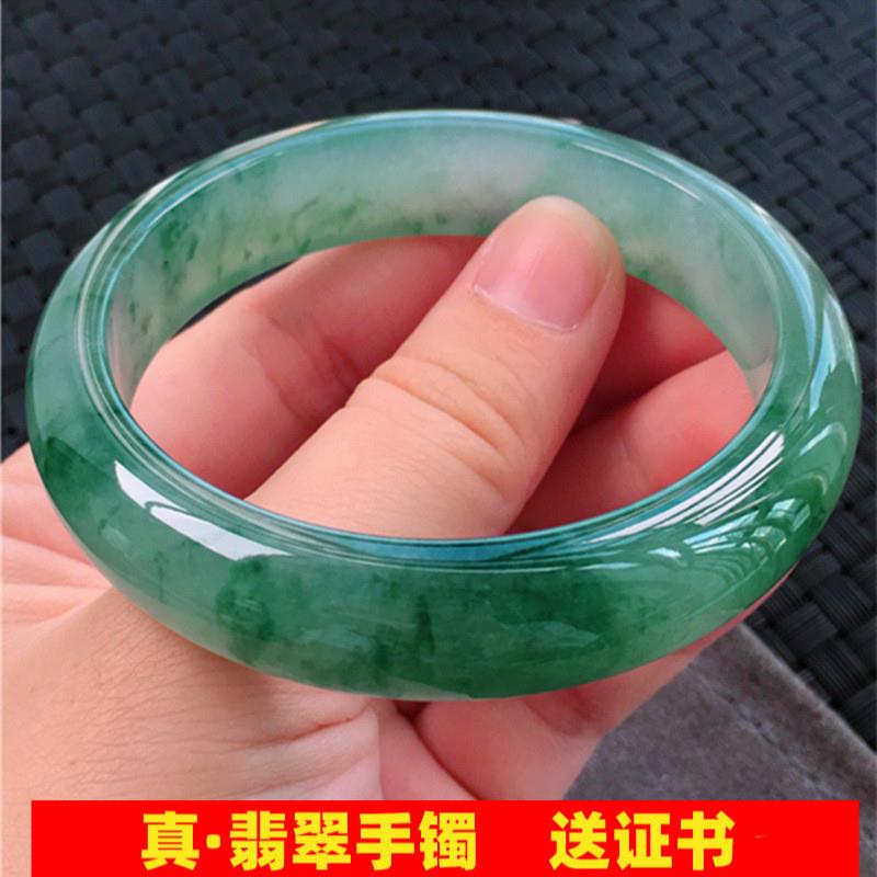 翡翠手镯女高冰油青飘绿花冰种正圆贵妃缅甸玉石手镯子女送礼处理
