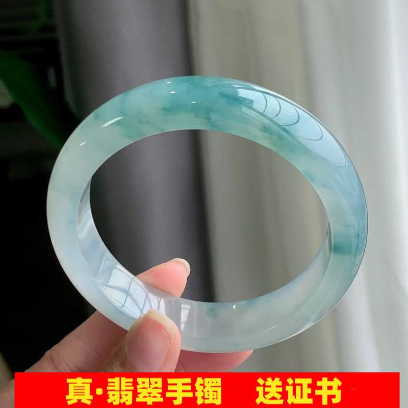 缅甸冰种飘花翡翠手镯冰糯飘蓝花玉镯子女平安镯半山水美人镯处理
