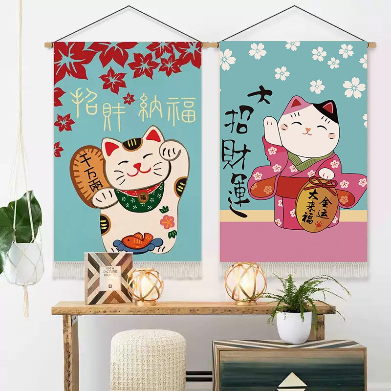 现货速发日式卡哇伊招财猫布艺挂毯挂画客厅卧室餐厅装饰背景布挂图片