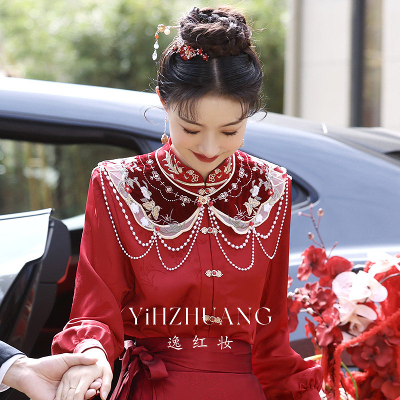 速发红色新娘敬酒服披肩2024新款马面裙装套冬季汉服云肩结服婚婚