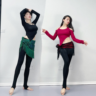 速发SWEG肚皮舞练挂服秋冬练功长袖上衣上装性感法脖功式露背黑色