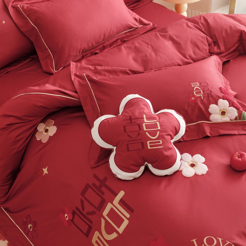 速发奢兰家喜浪漫高级感长绒棉四件套轻罗新婚床上红色结婚纺被