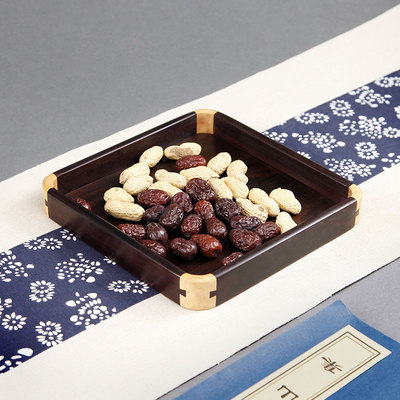速发仿古中工紫檀木刻托盘红木雕方式艺品木质茶果托盘干果文盘家
