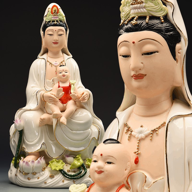 速发天逸恒佑陶瓷送子观音佛像描金送子摆件水莲送子玄关家居工艺