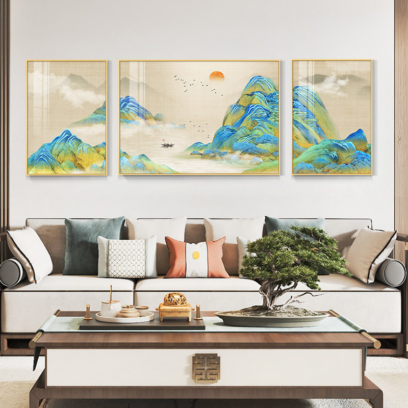 速发千新江山图客厅装饰画里中挂山水三联画高档大气沙发背景墙式