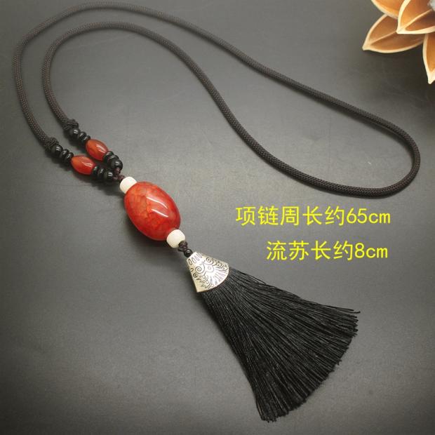 新款简约大气玛g瑙项链女复古百搭毛衣链秋冬长款挂饰流苏2020年