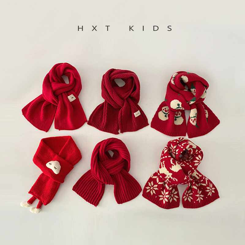 어린이 스카프 가을 겨울 스타일 눈송이 새해 소년과 소녀  한국어 버전 다목적 따뜻한 스카프 레드 트렌드