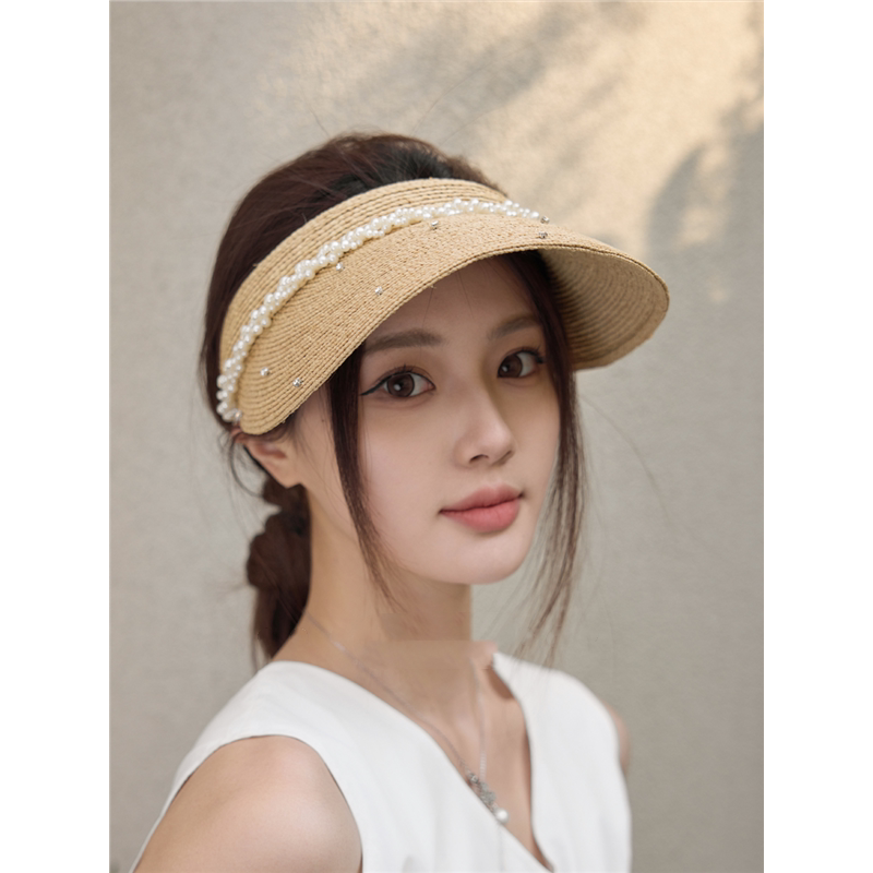Ander Jurnal法式手工拉菲草空顶帽女珍珠带钻设计感遮阳帽防晒帽