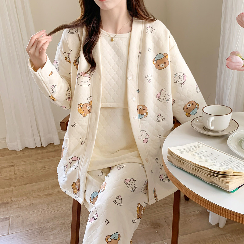 法国Uamtor月子服秋冬季空气棉三件套纯棉产后孕妇睡衣哺乳家居服