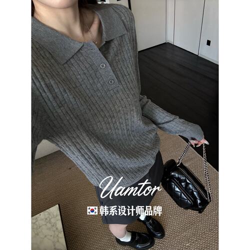 韩系Uamtor法式老钱风麻花polo领针织衫女秋冬宽松百搭打底毛衣潮