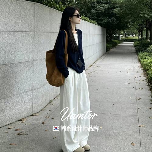韩系Uamtor盐系轻熟高级感针织衫套装女秋季上衣阔腿裤穿搭一整套