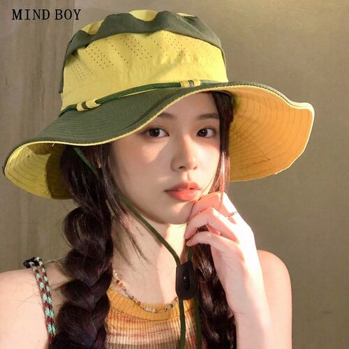 MIND BOY拼色系绳速干渔夫帽女夏季徒步钓鱼登山帽子大头围可折叠