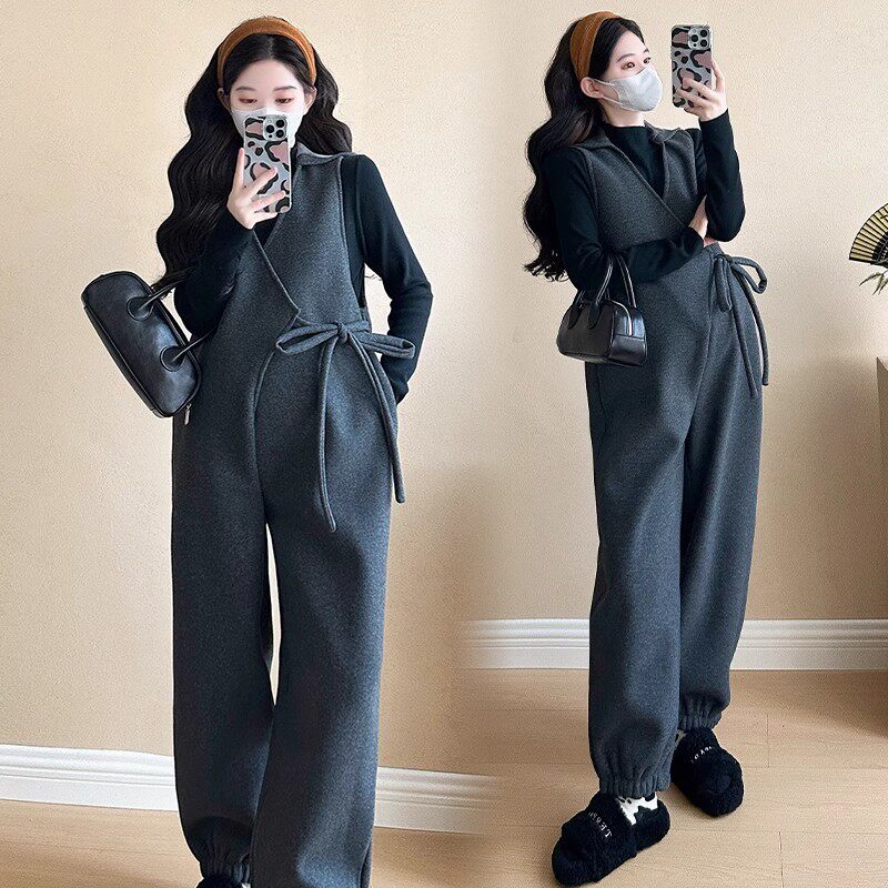 Next Alice孕妇背带裤套装女毛呢加绒加厚大码宽松高级感两件套冬