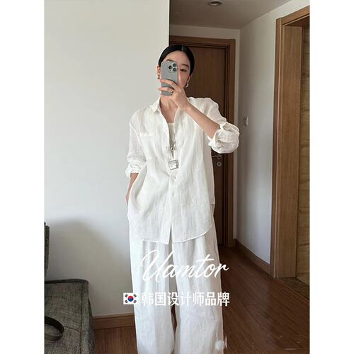 韩国Uamtor白色亚麻衬衫套装女早秋松弛感慵懒韩系防晒衬衫阔腿裤