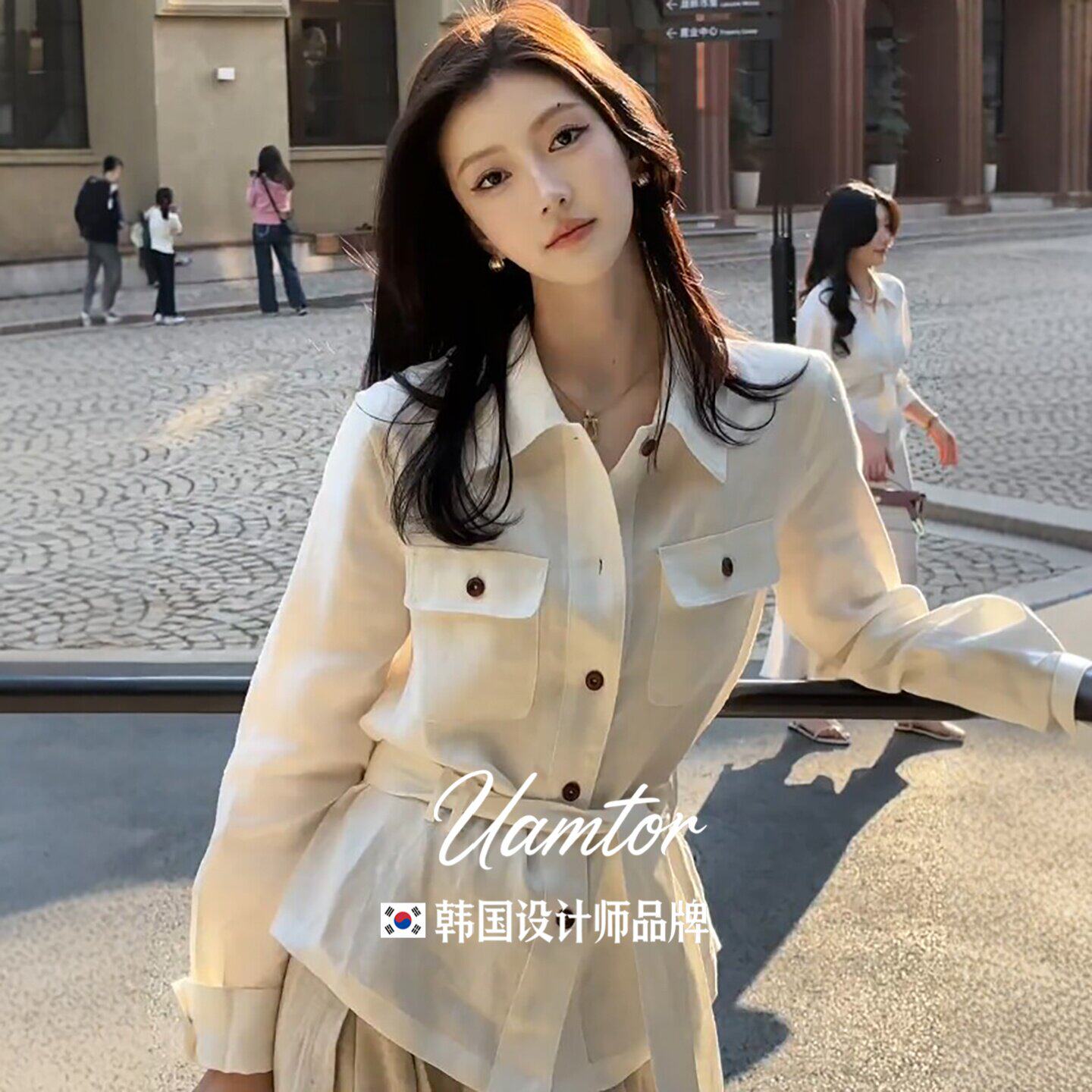 韩国Uamtor老钱风polo领长袖衬衫女士秋季新款收腰系带衬衣中长款