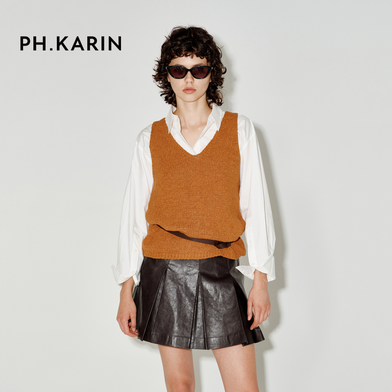 【慢人叙事】PH KARIN新疆2.8支长绒棉混纺橘色V领马夹女25秋上衣