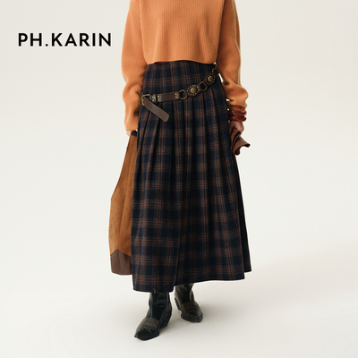 【自由旷野】phkarin民族风格纹羊毛高腰A字毛呢百褶半身长裙女冬