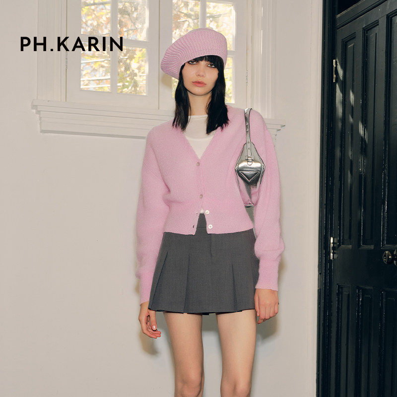 【百补精选】PH KARIN时髦设计感粉色马海毛V领针织衫薄款春通勤,女装/女士精品,毛针织衫,淘宝优惠券,粉丝福利购,淘宝优惠卷