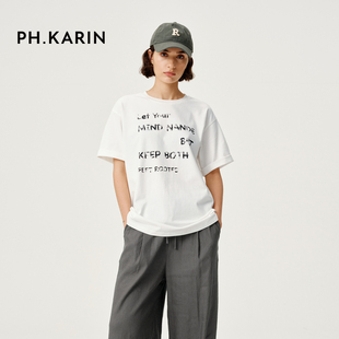 上衣 明星同款 KARIN全棉字母印花圆领T恤女2025夏宽松短袖