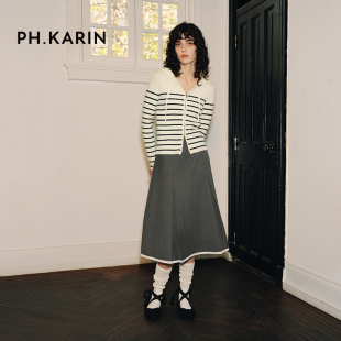 KARIN原创设计针织撞色边精纺羊毛混纺A字半身裙中长百褶半裙