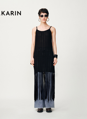 PH KARIN时髦设计感流苏露背吊带连衣裙女2025夏新款黑色凉感长裙