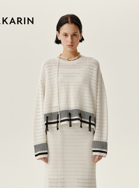 【春日多巴胺】PHKARIN镂空流苏针织上衣女春新款慵懒感拼色毛衣