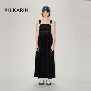 PH KARIN【直播待选】时髦设计感拼接百褶A型大裙摆牛仔背带连衣