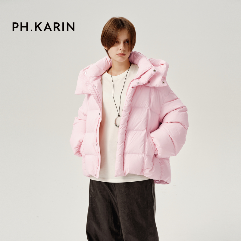 pitpat（服饰）PH KARIN粉色立领连帽显瘦白鸭绒羽绒服女冬