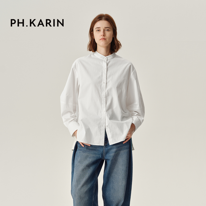 【自由旷野】PH KARIN匹马棉百搭灯笼袖白色立领衬衫女冬新款