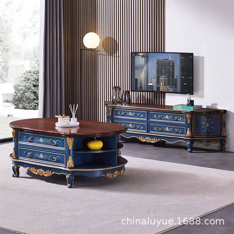 美式地中海款式彩绘实木电视柜茶几组合配套欧式乡村风地柜储物柜