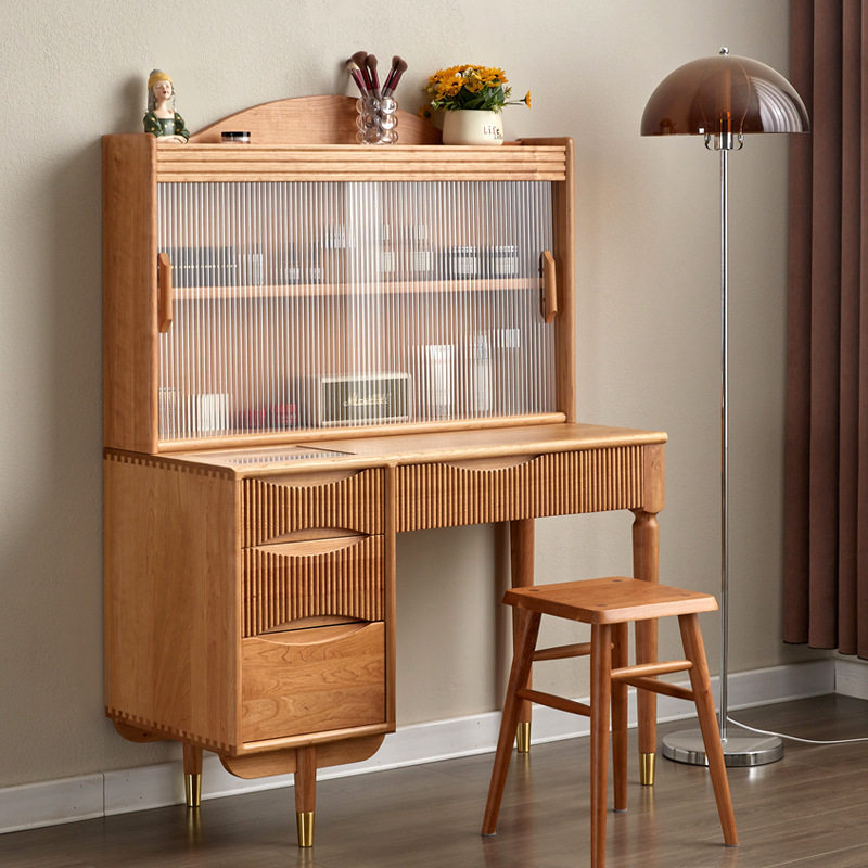 北欧黑胡桃木实木梳妆台小户型卧室轻奢日式多功能简约一体化妆桌