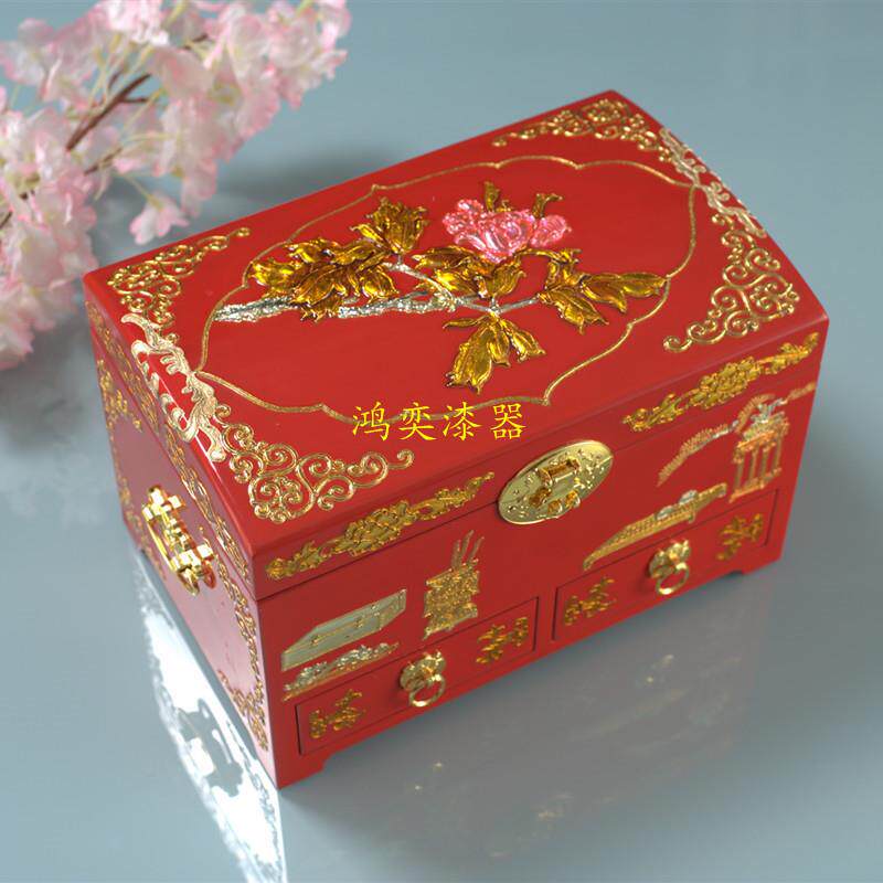 推光漆器堆漆彩绘工艺梳妆盒带锁抽屉饰品盒新娘婚礼首饰盒包装盒